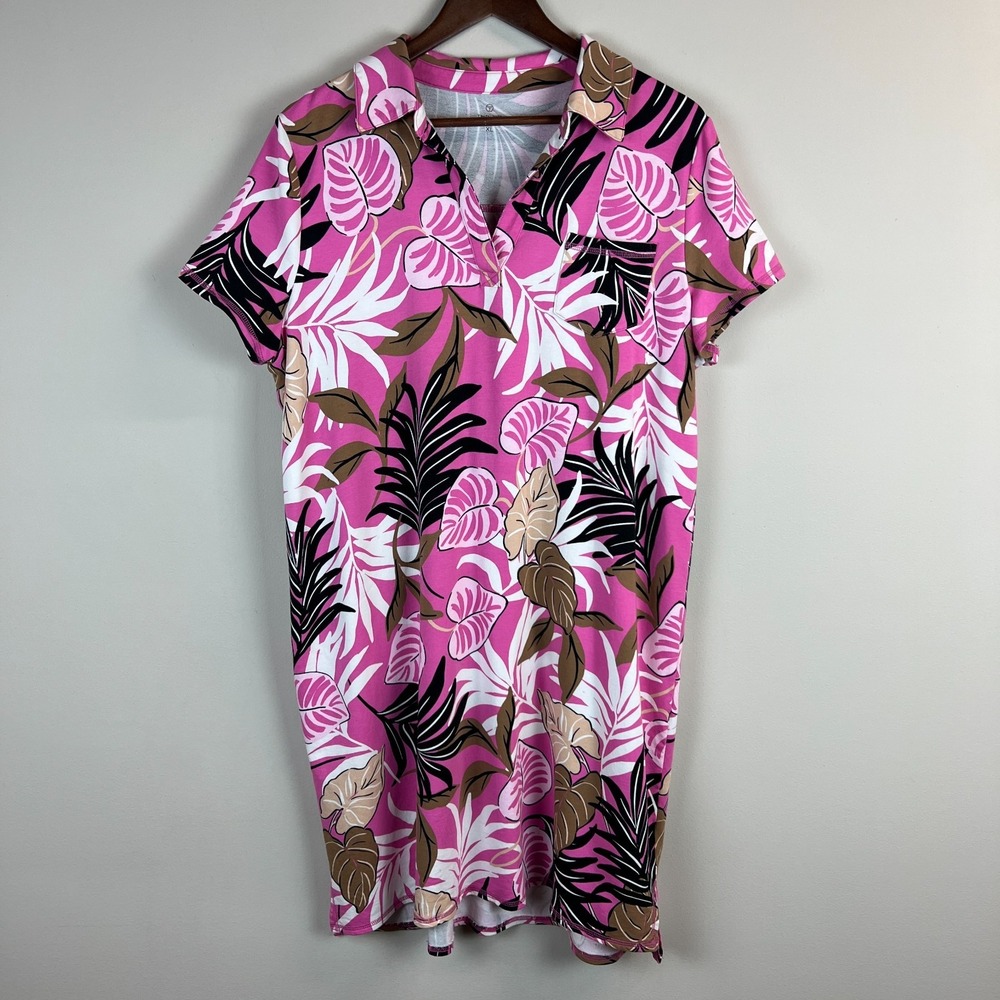 T By Talbots Dress Womens XL Pink Polo Breezy Palm Tropical Short Sleeve V-Neck